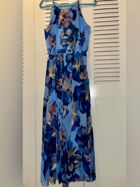 Alexa B Nites Dresses & Skirts - Alexa B Nites Blue Floral Mesh Halter Maxi Dress Rhinestone Buckle 12P
